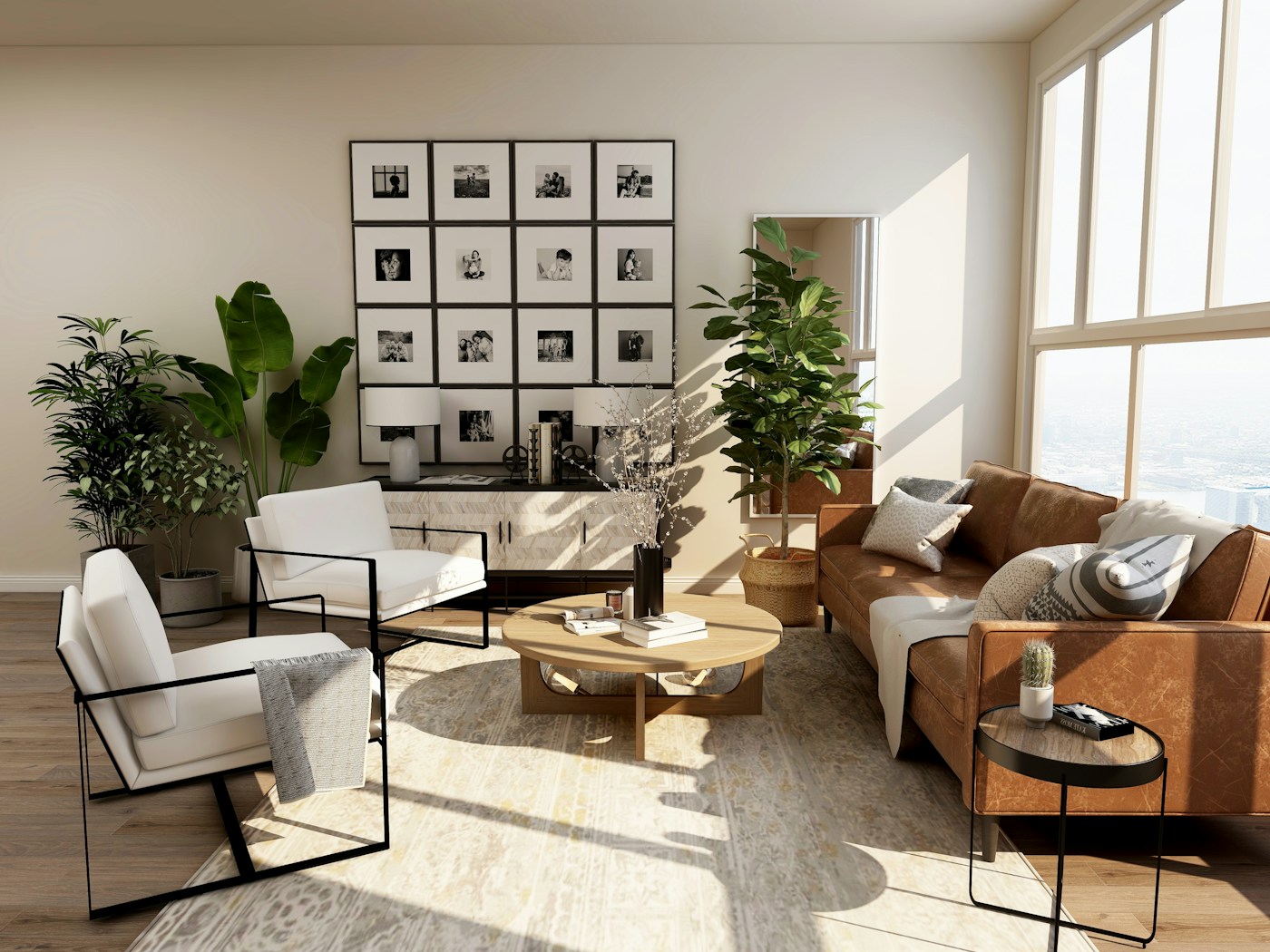 Illustrative living room with warm natural light and plants